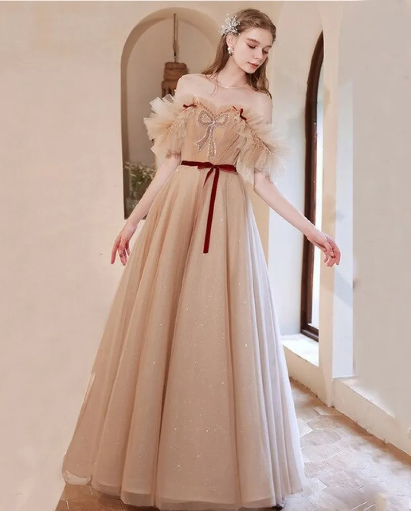 14237  Iena Puffy Tulle Piega manica Velluto Cintura senza spalline Maxi Illusion Prom Gown Abiti da sera Quinceanera Club Part