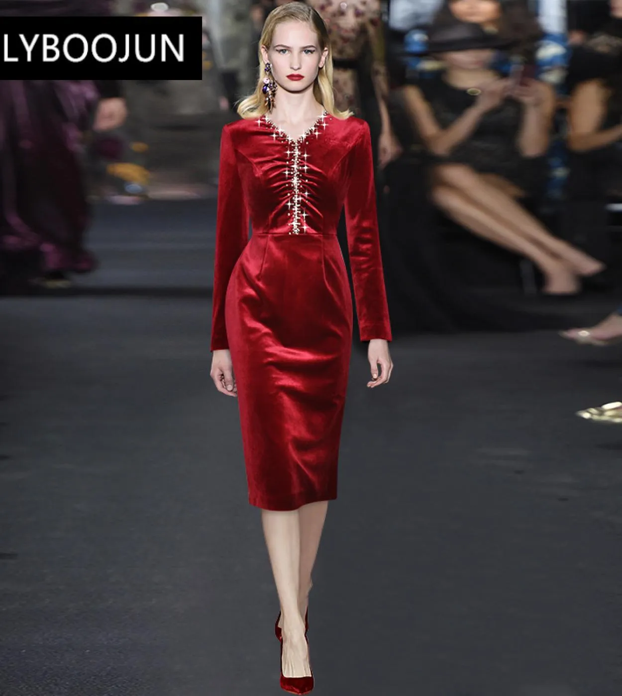 Abiti da donna 2022 Designer di lusso Velluto Matita Scollo a V Manica lunga Perline di cristallo Confezione da festa vintage Gl