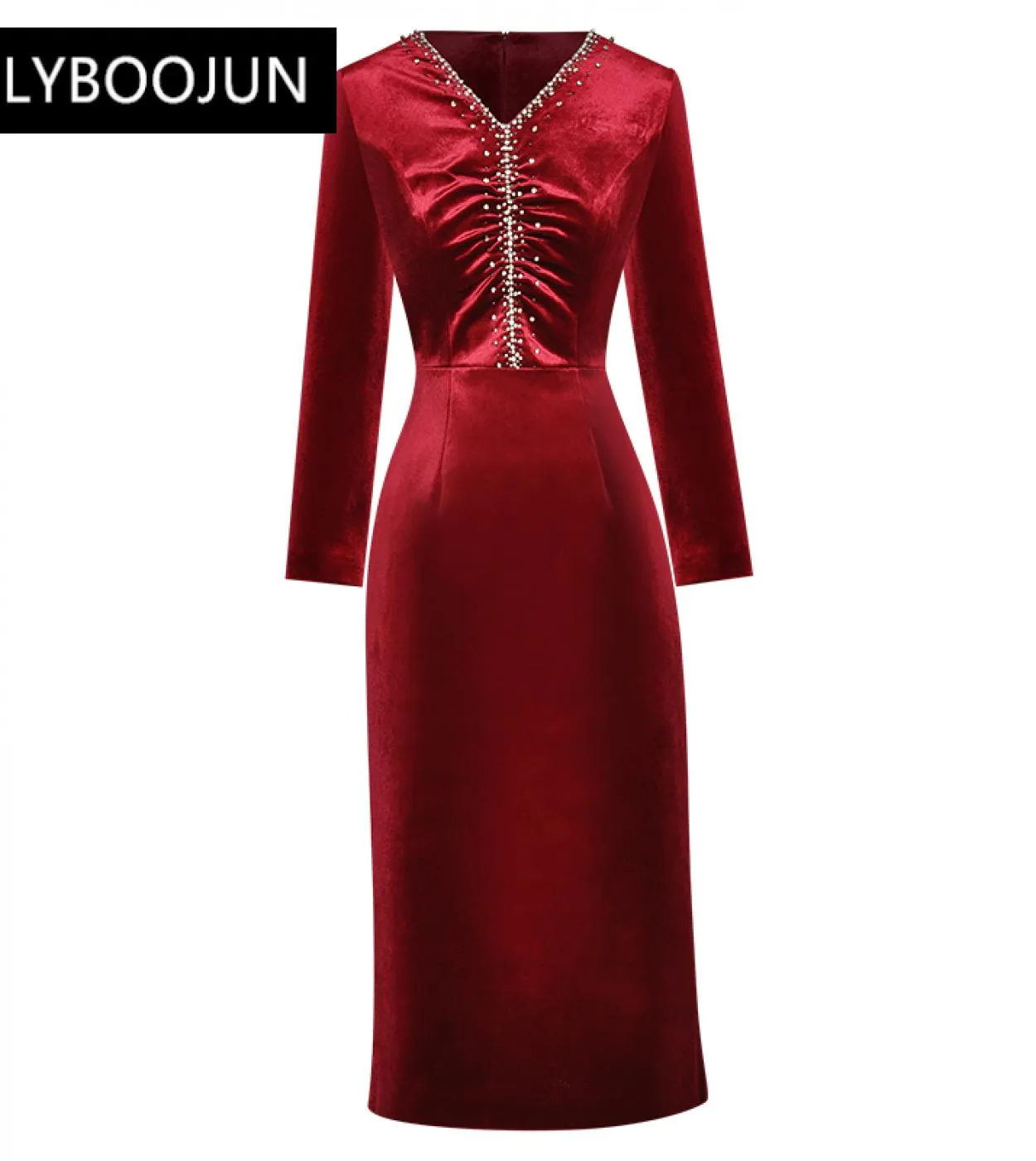 Abiti da donna 2022 Designer di lusso Velluto Matita Scollo a V Manica lunga Perline di cristallo Confezione da festa vintage Gl