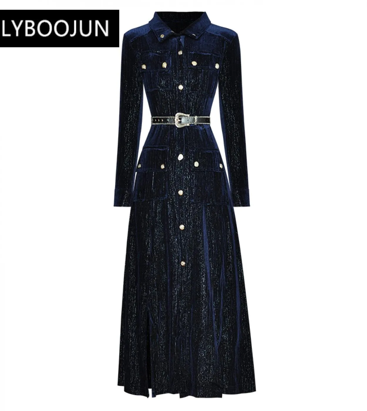 Abiti da donna 2022 elegante alta qualità autunno velluto lucido colletto rovesciato cintura a maniche lunghe monopetto vintage