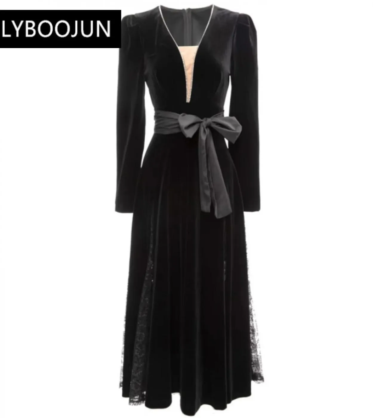 Abiti da donna 2022 Elegante di alta qualità Lusso Autunno Velluto Scollo a V Manica lunga Crystal Diamonds Mesh Patchwork Blac