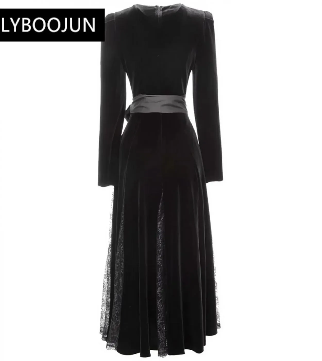 Abiti da donna 2022 Elegante di alta qualità Lusso Autunno Velluto Scollo a V Manica lunga Crystal Diamonds Mesh Patchwork Blac