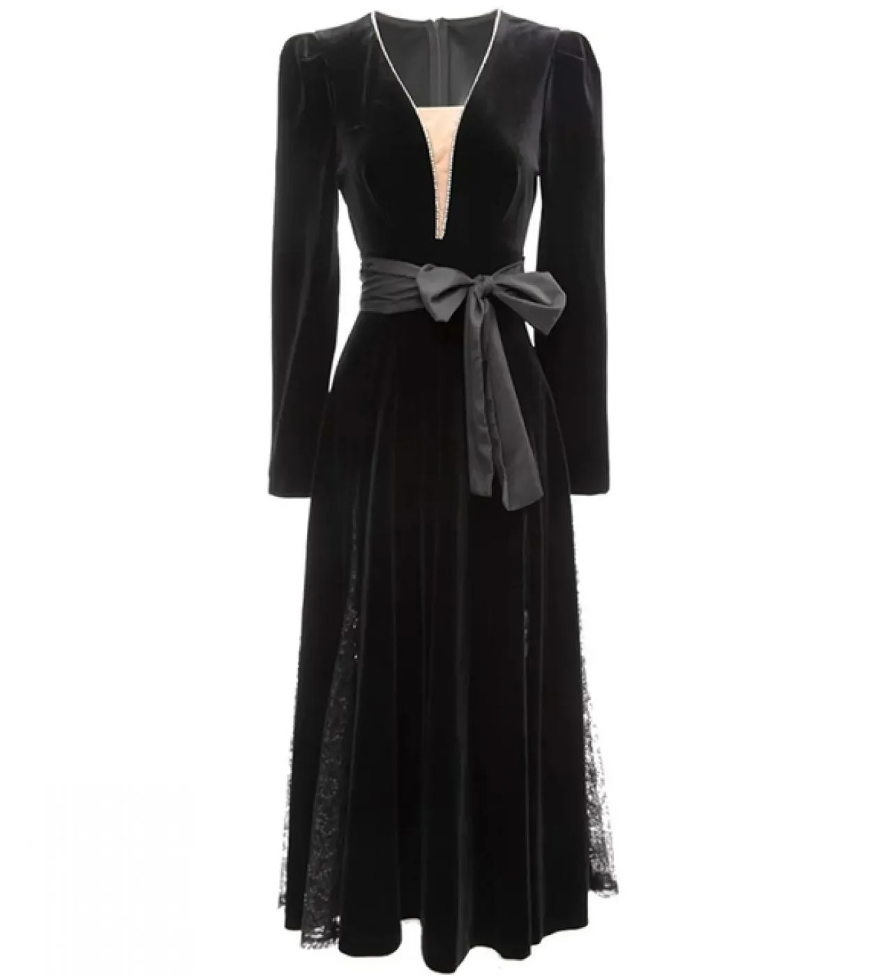 Abiti da donna 2022 Elegante di alta qualità Lusso Autunno Velluto Scollo a V Manica lunga Crystal Diamonds Mesh Patchwork Blac