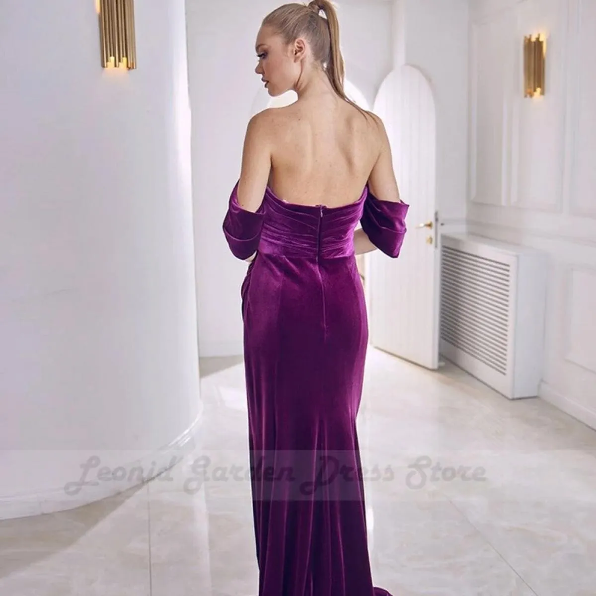 Abiti da festa a sirena viola Abiti da sera in velluto con scollo a V per donna 2022 Ospiti di nozze con spacco laterale e spall