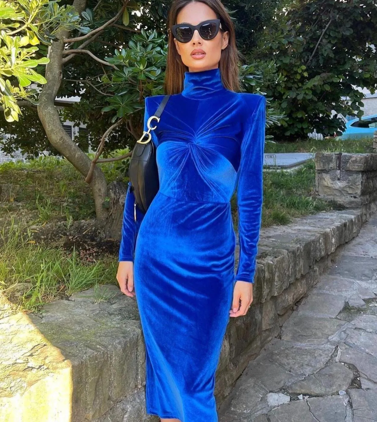 Abito aderente drappeggiato a maniche lunghe in velluto a maniche lunghe Abito longuette drappeggiato blu elegante autunnale Ves