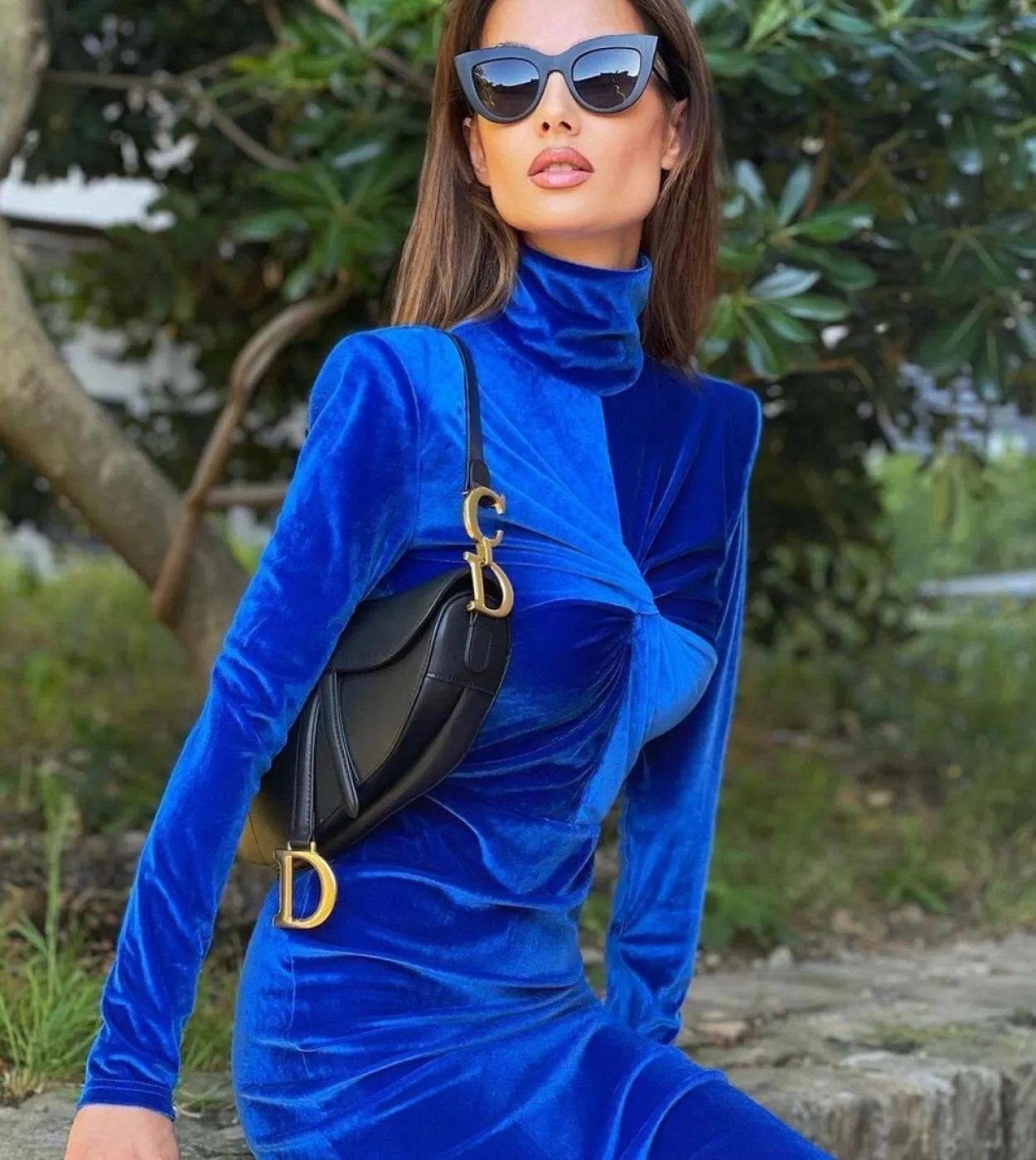 Abito aderente drappeggiato a maniche lunghe in velluto a maniche lunghe Abito longuette drappeggiato blu elegante autunnale Ves