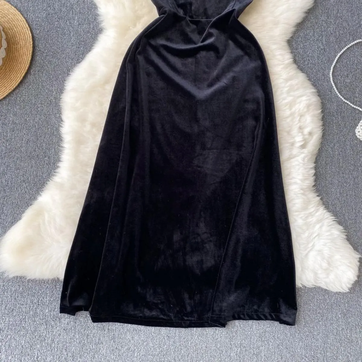 Abito da festa lungo nero estivo per le donne Piume cuciture Scollo a barchetta Abiti formali femminili Velluto Elegante serata