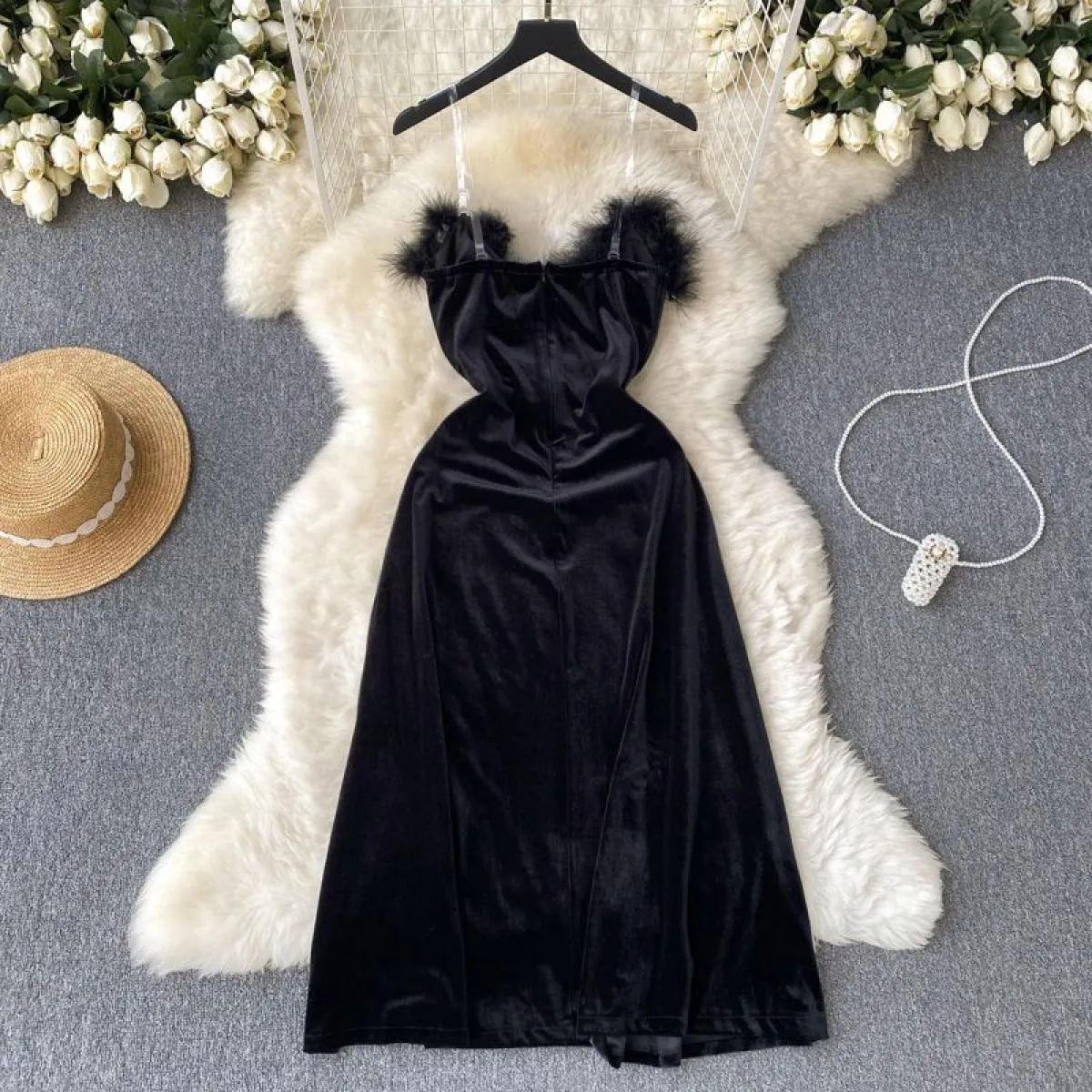 Abito da festa lungo nero estivo per le donne Piume cuciture Scollo a barchetta Abiti formali femminili Velluto Elegante serata