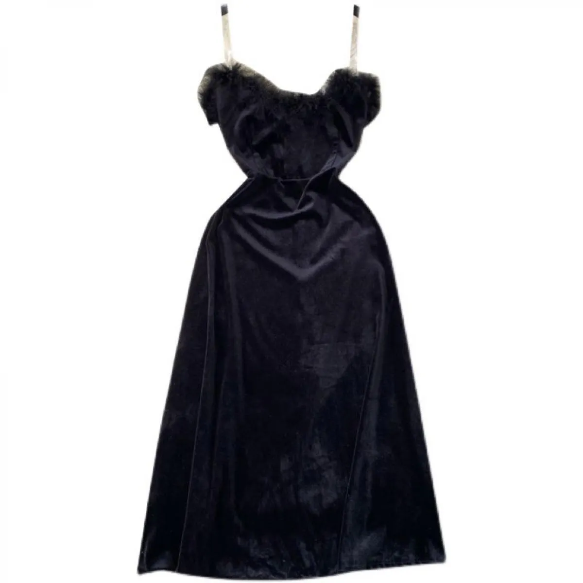 Abito da festa lungo nero estivo per le donne Piume cuciture Scollo a barchetta Abiti formali femminili Velluto Elegante serata