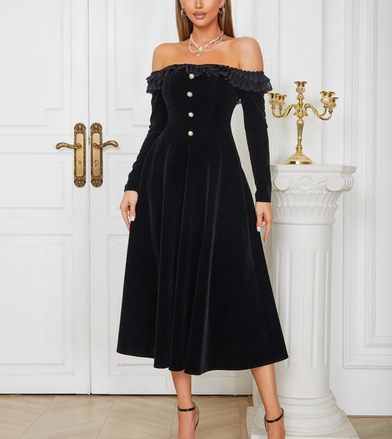 Abito longuette a maniche lunghe con spalle scoperte Elegante abito in velluto nero con bottoni Una linea Slim Abito da sera da