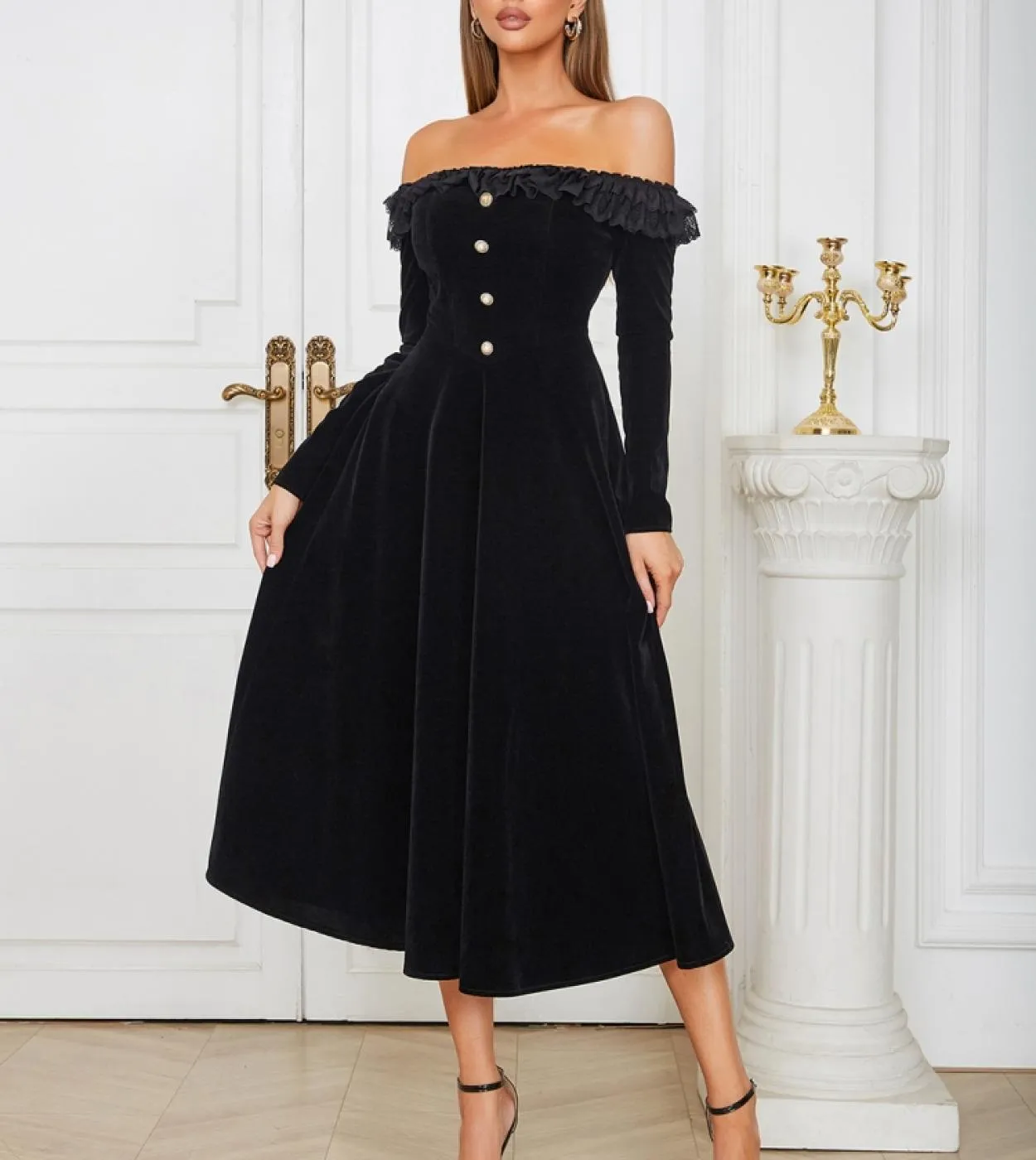 Abito longuette a maniche lunghe con spalle scoperte Elegante abito in velluto nero con bottoni Una linea Slim Abito da sera da