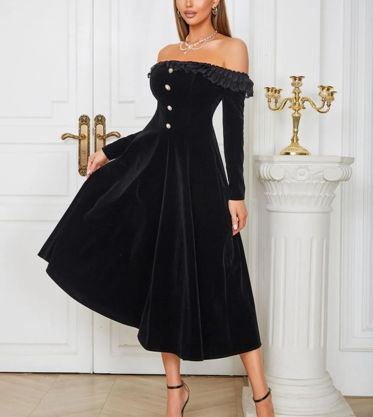 Abito longuette a maniche lunghe con spalle scoperte Elegante abito in velluto nero con bottoni Una linea Slim Abito da sera da