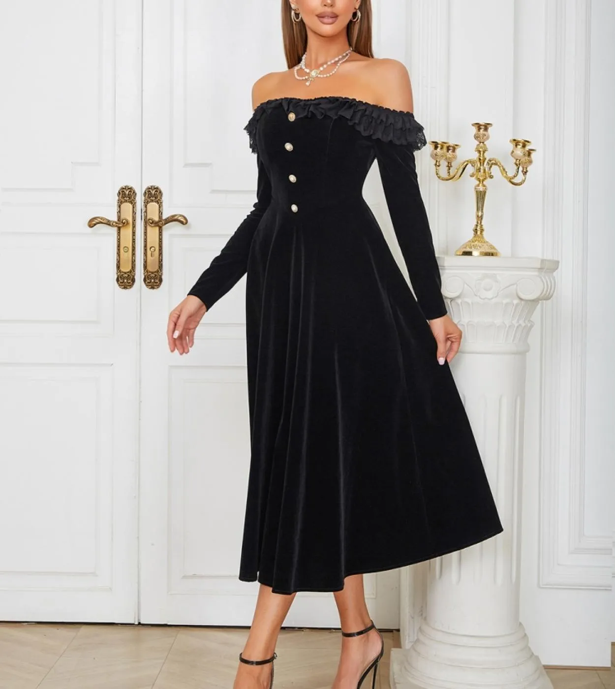 Abito longuette a maniche lunghe con spalle scoperte Elegante abito in velluto nero con bottoni Una linea Slim Abito da sera da
