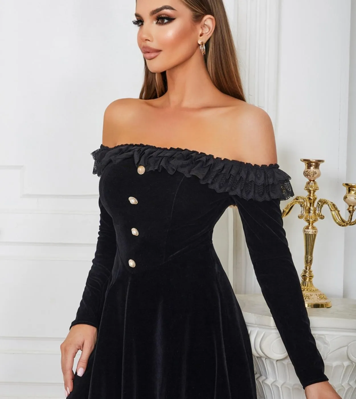Abito longuette a maniche lunghe con spalle scoperte Elegante abito in velluto nero con bottoni Una linea Slim Abito da sera da