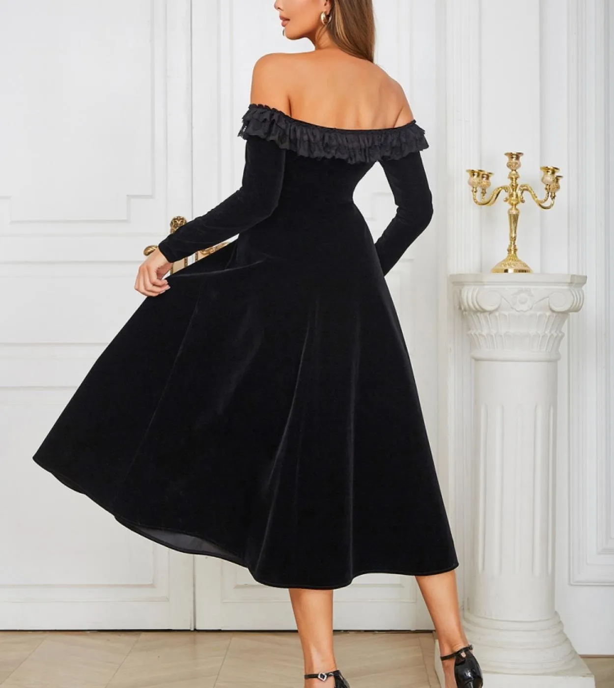 Abito longuette a maniche lunghe con spalle scoperte Elegante abito in velluto nero con bottoni Una linea Slim Abito da sera da