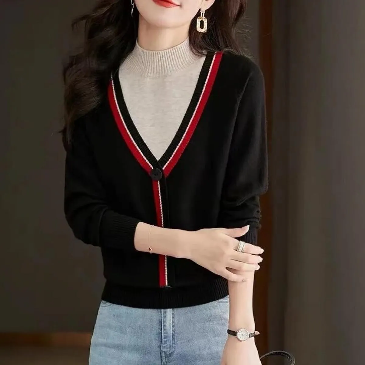 Autunno Inverno Nuovo collo mezzo alto Finto maglione pullover sottile in due pezzi Bottone colorato da donna Manica lunga lavor