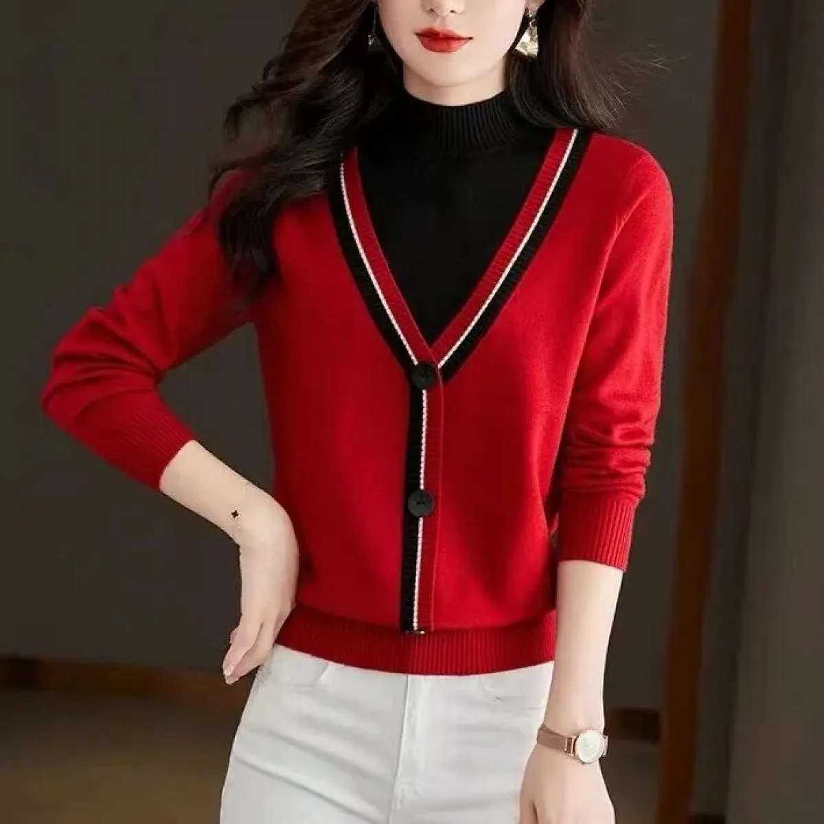 Autunno Inverno Nuovo collo mezzo alto Finto maglione pullover sottile in due pezzi Bottone colorato da donna Manica lunga lavor
