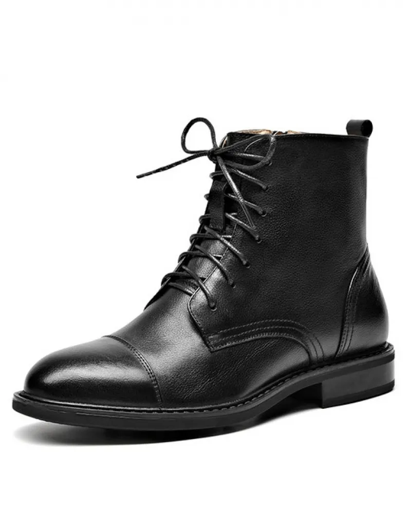 Beautoday Stivaletti Donna Pelle di Mucca Cerata Punta Rotonda Cerniera Stivaletti Stringati Street Style Lady Scarpe Tacco Bass