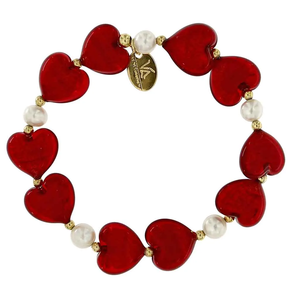 Bracciale Stretch Cuori Rossi e Perle Naturali