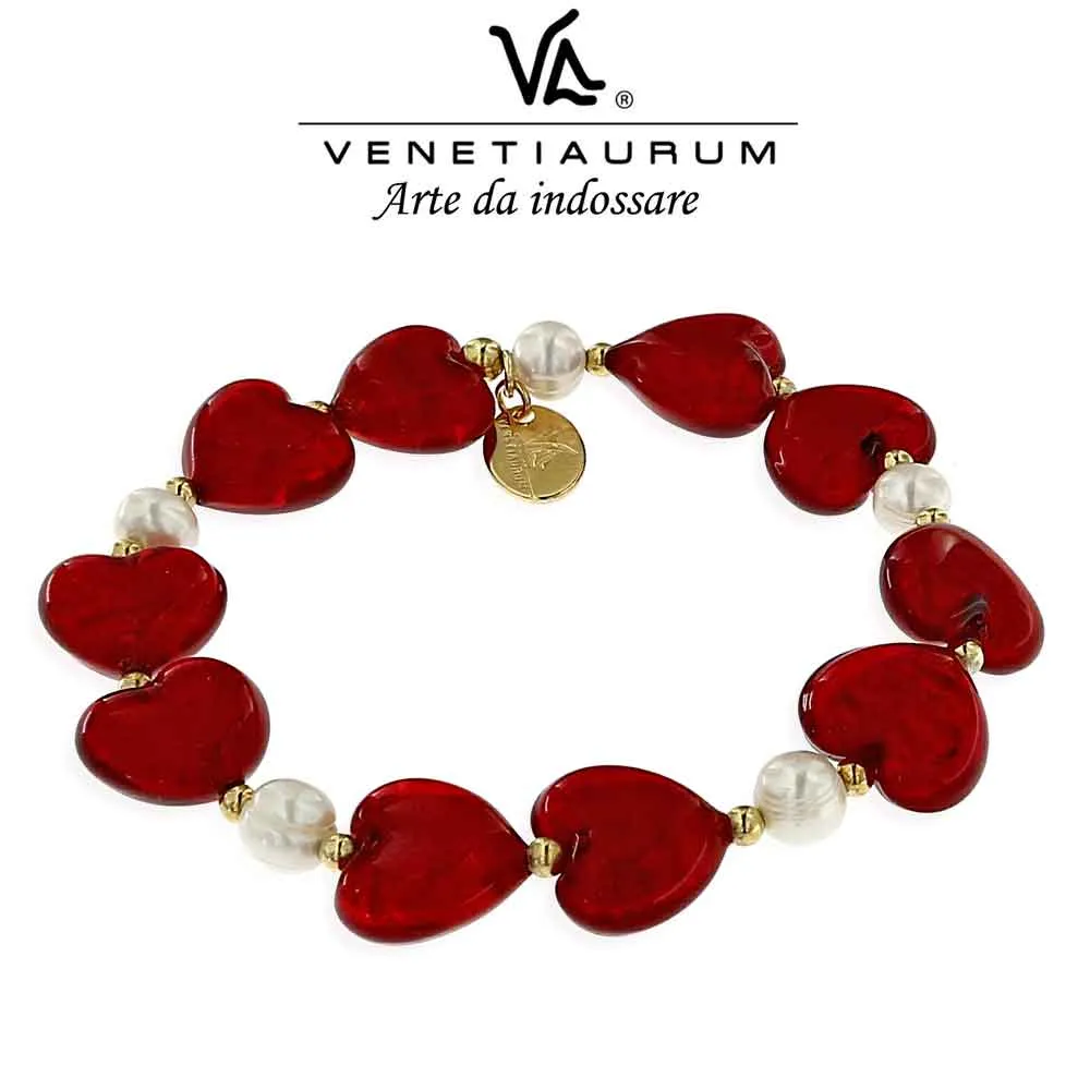 Bracciale Stretch Cuori Rossi e Perle Naturali