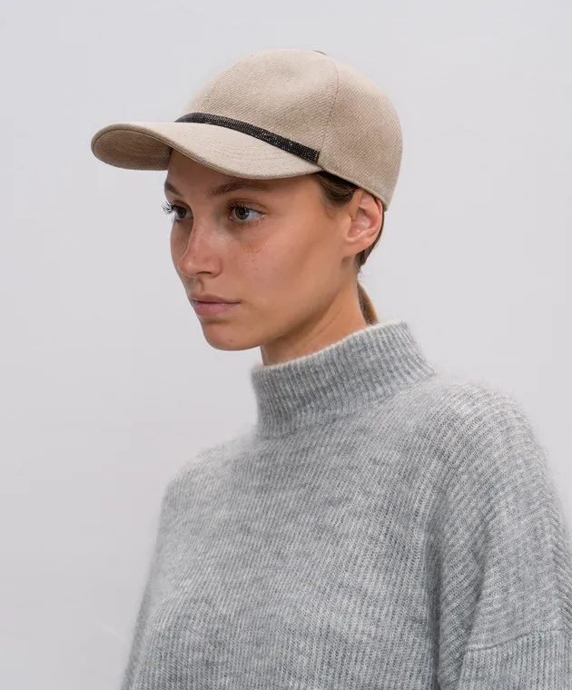 Brunello Cucinelli Berretto beige in lana con catena monil MCAP90076