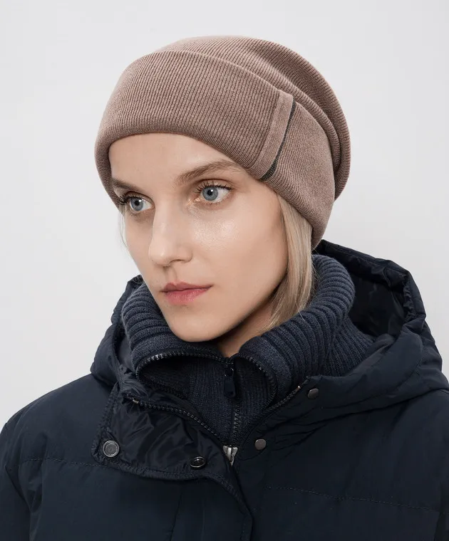 Brunello Cucinelli Cappello in cashmere marrone con catena monil M12163199