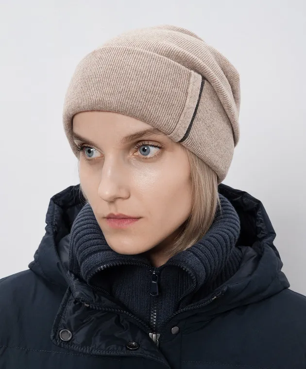 Brunello Cucinelli Cappello in cashmere marrone melange con catena monil M12163199