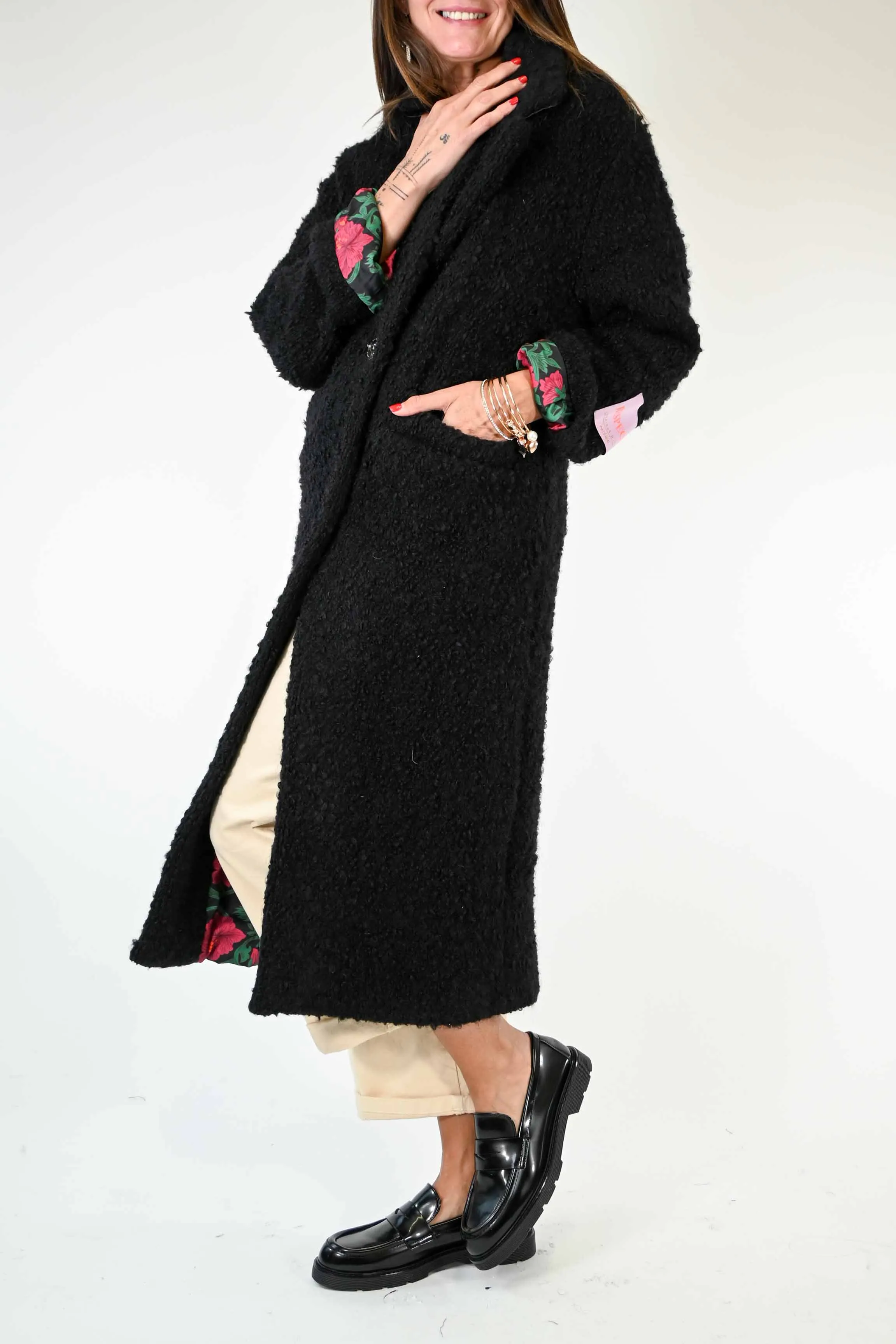 CAPPOTTO AD ORESETTO CON FODERA FLOREALE NERO