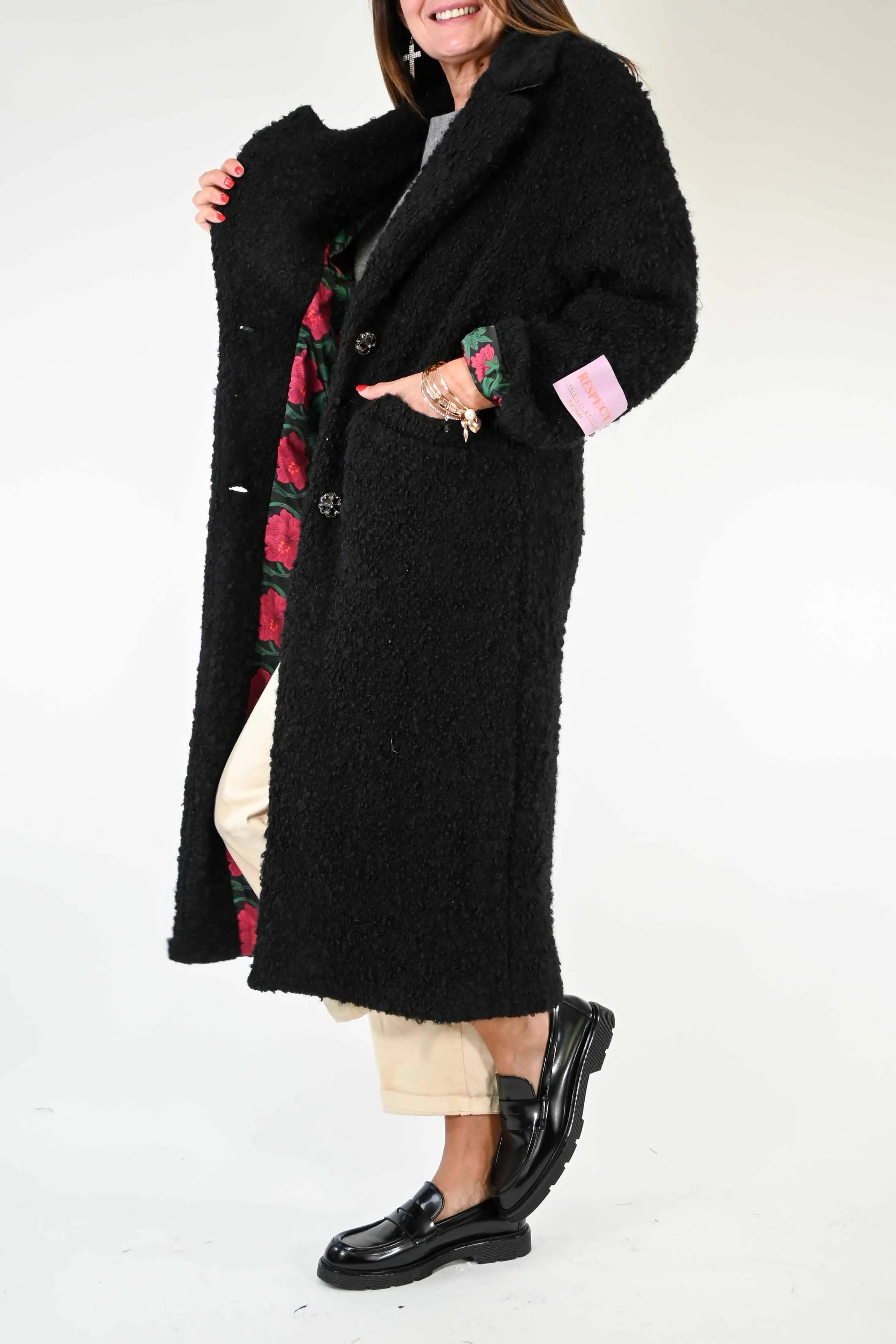 CAPPOTTO AD ORESETTO CON FODERA FLOREALE NERO