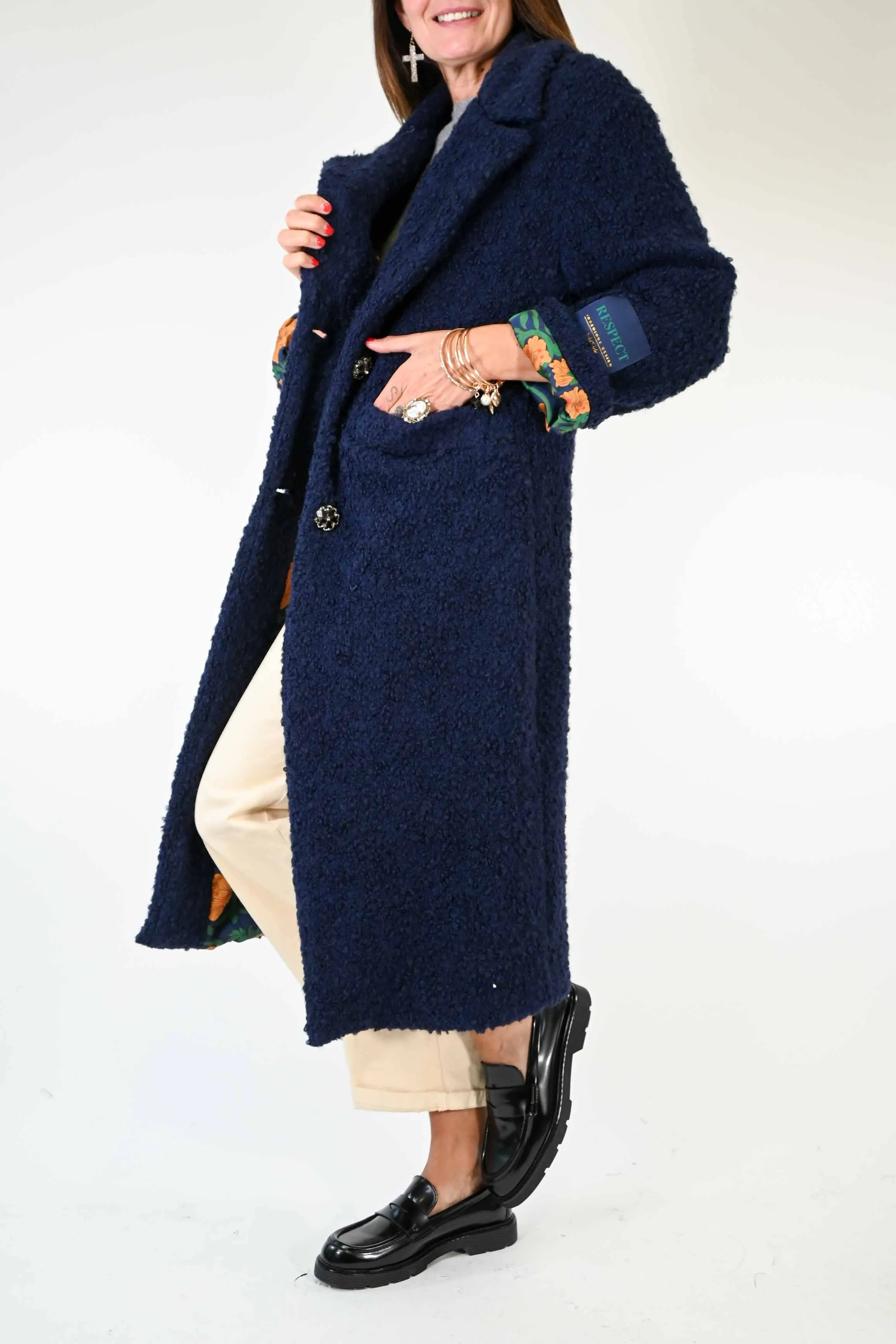 CAPPOTTO AD ORSETTO CON FODERA FLOREALE BLU