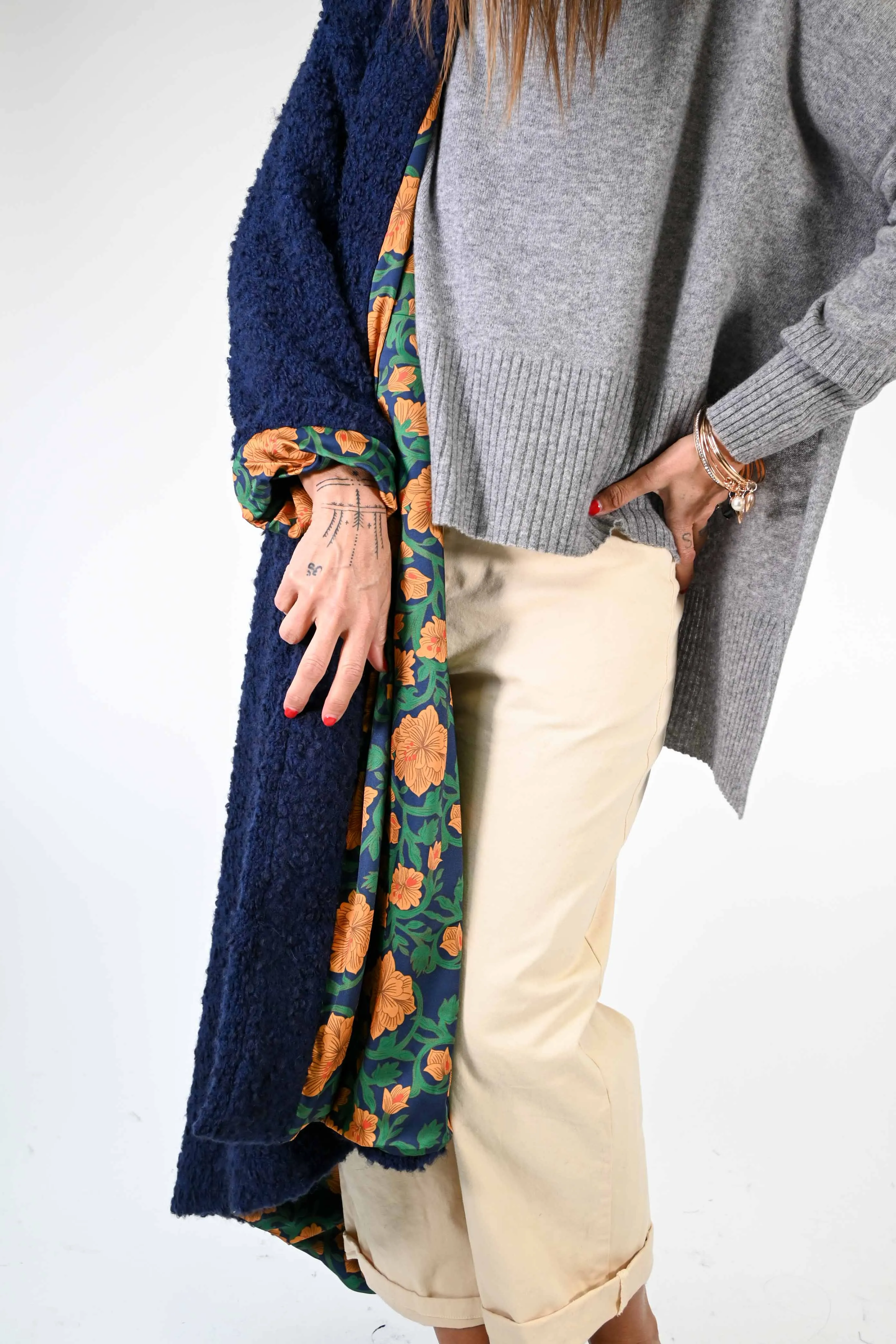 CAPPOTTO AD ORSETTO CON FODERA FLOREALE BLU