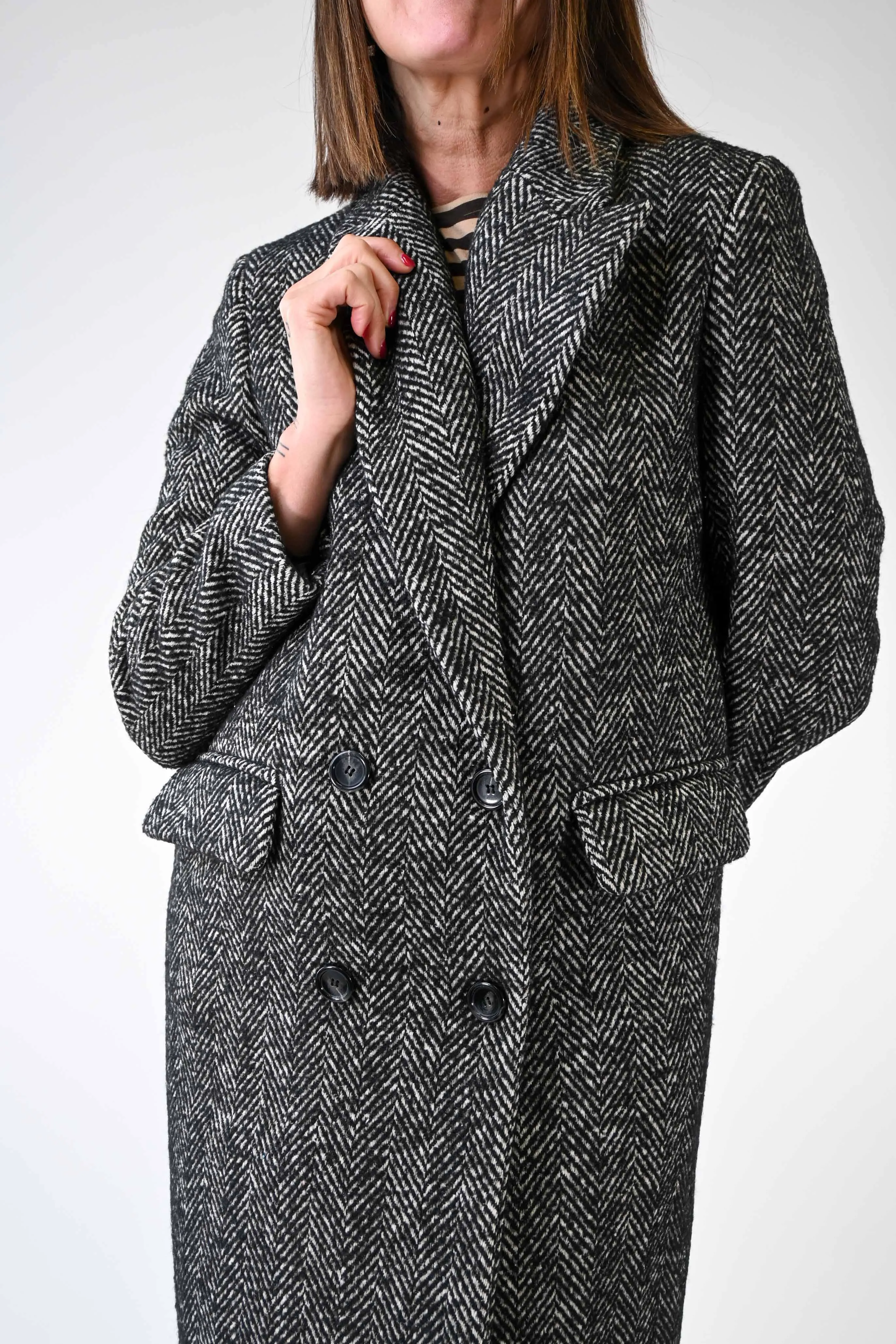 CAPPOTTO DOPPIOPETTO SPINATO COLOR PANNA/NERO