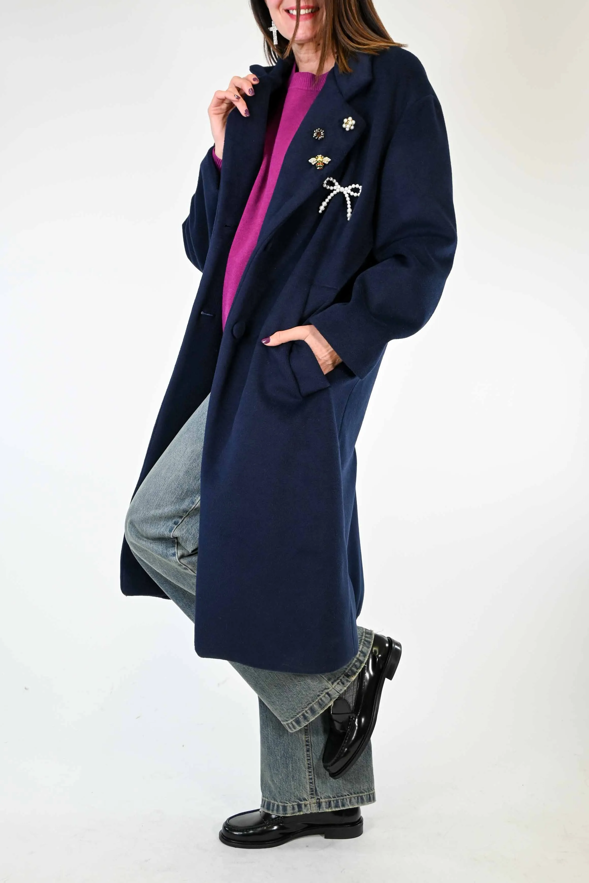 CAPPOTTO DUE BOTTONI CON SPILLE COLOR BLU