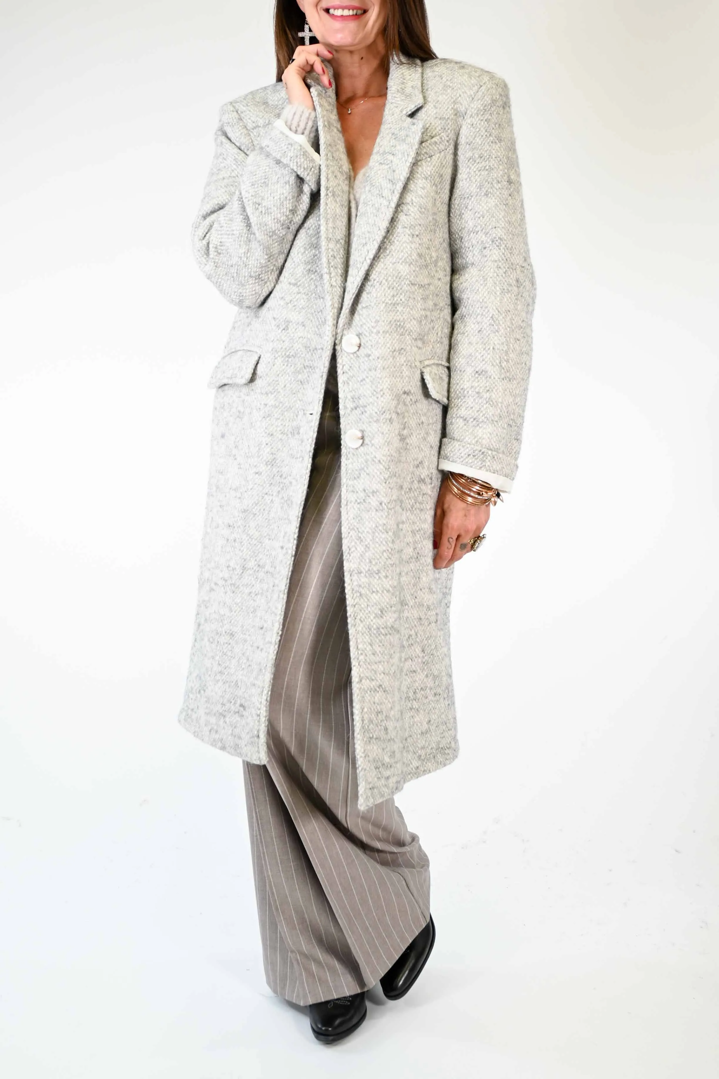 CAPPOTTO DUE BOTTONI OVER TRAMA LANA GRIGIO/PANNA