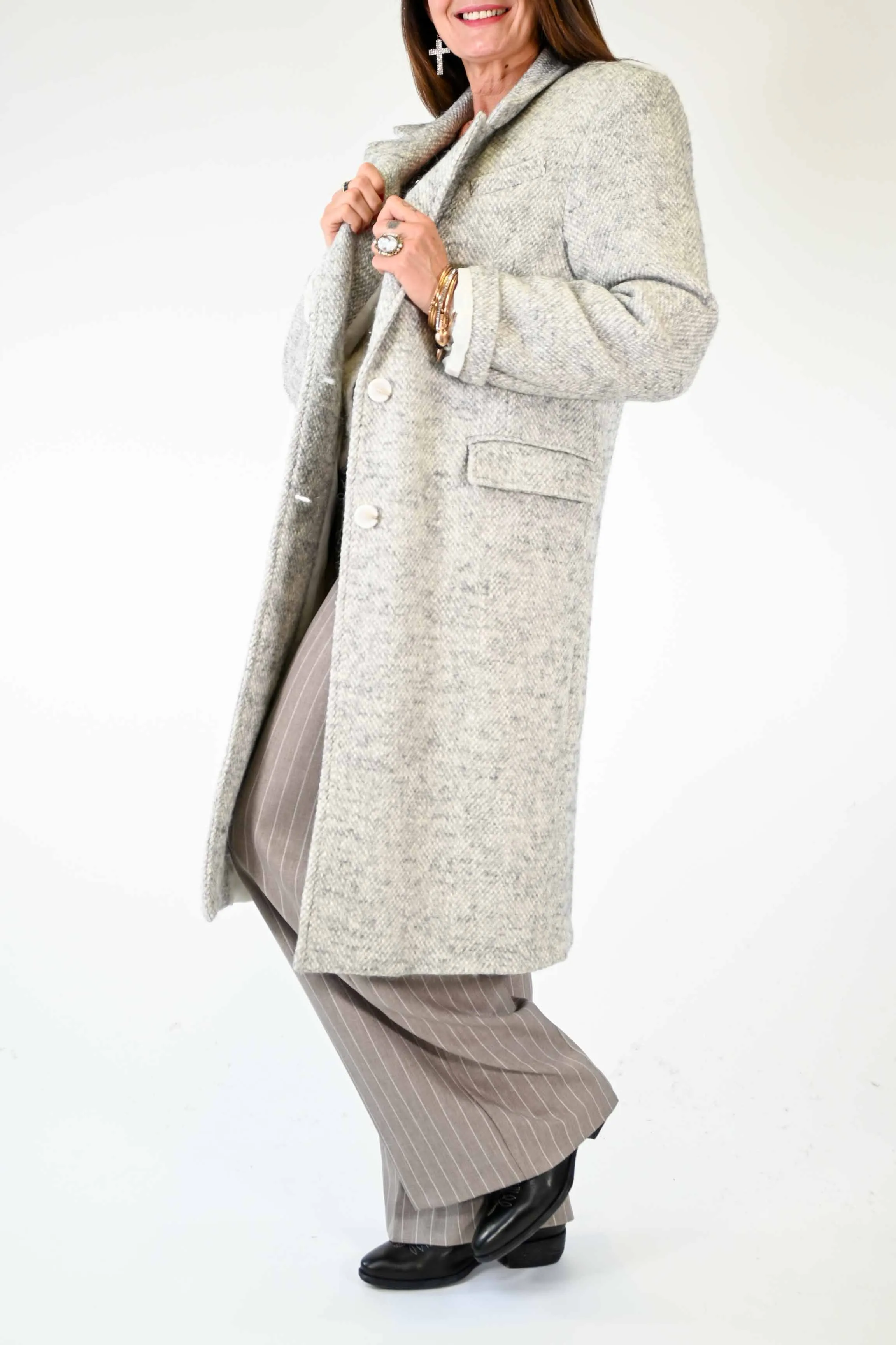 CAPPOTTO DUE BOTTONI OVER TRAMA LANA GRIGIO/PANNA