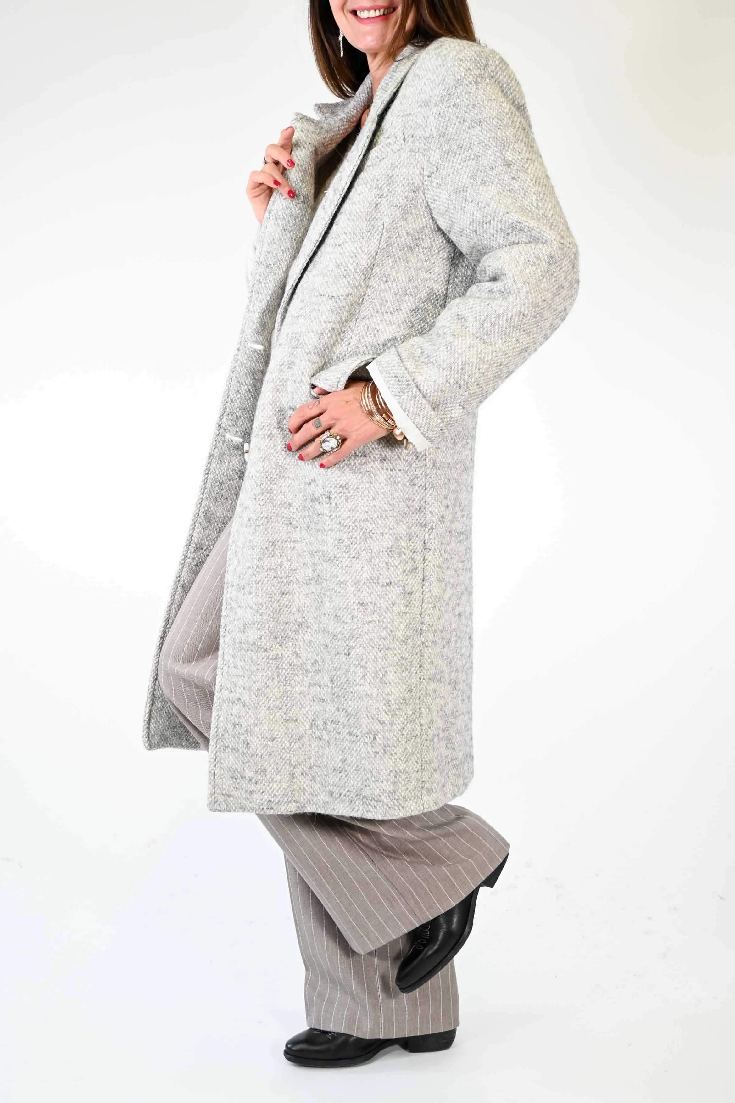 CAPPOTTO DUE BOTTONI OVER TRAMA LANA GRIGIO/PANNA