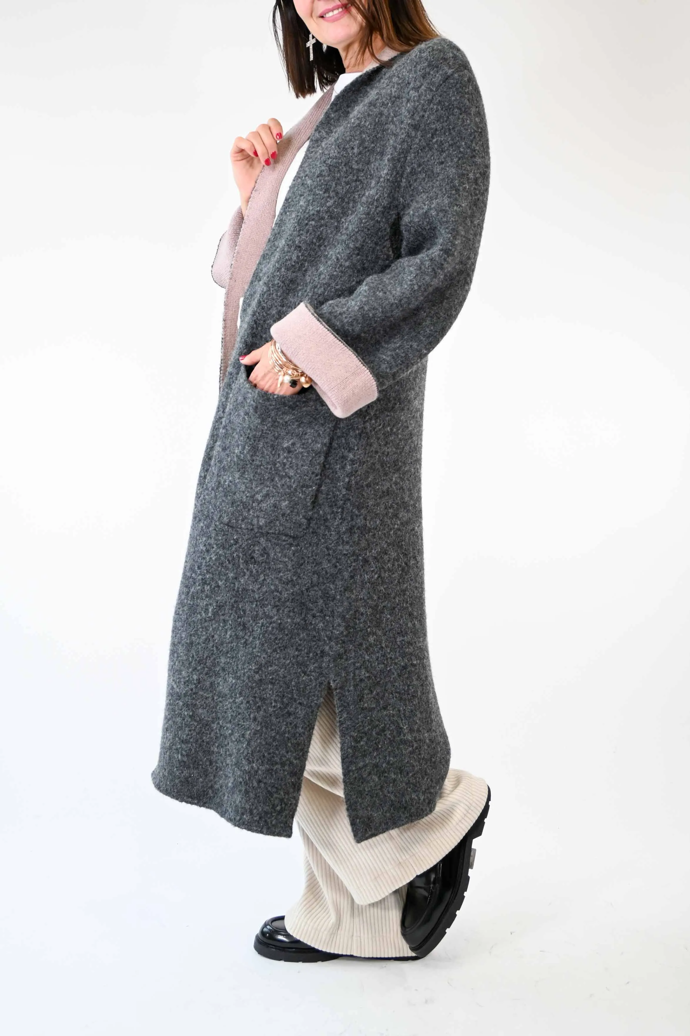 CAPPOTTO LUNGO IN MAGLIA BICOLORE GRIGIO/ROSA