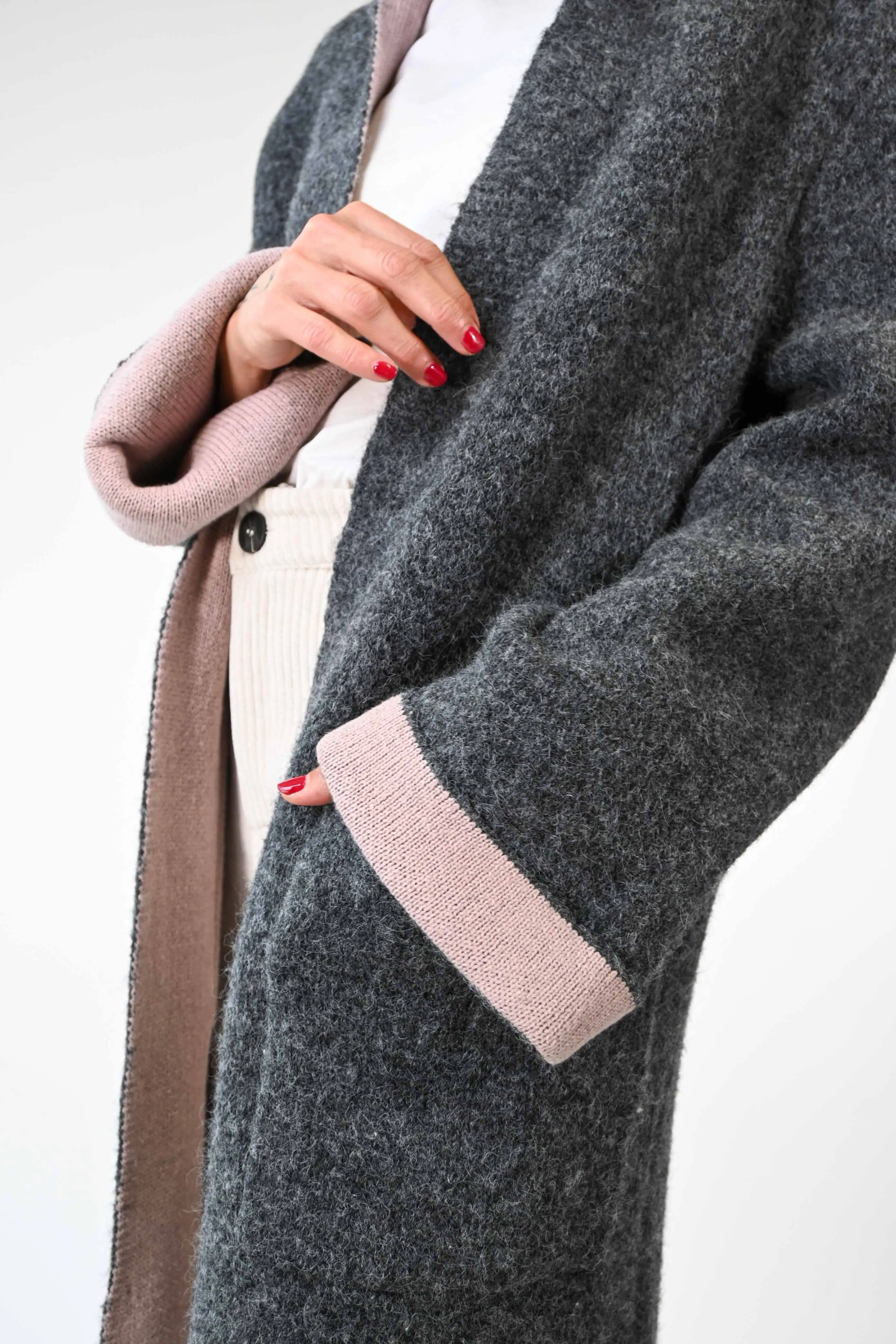 CAPPOTTO LUNGO IN MAGLIA BICOLORE GRIGIO/ROSA