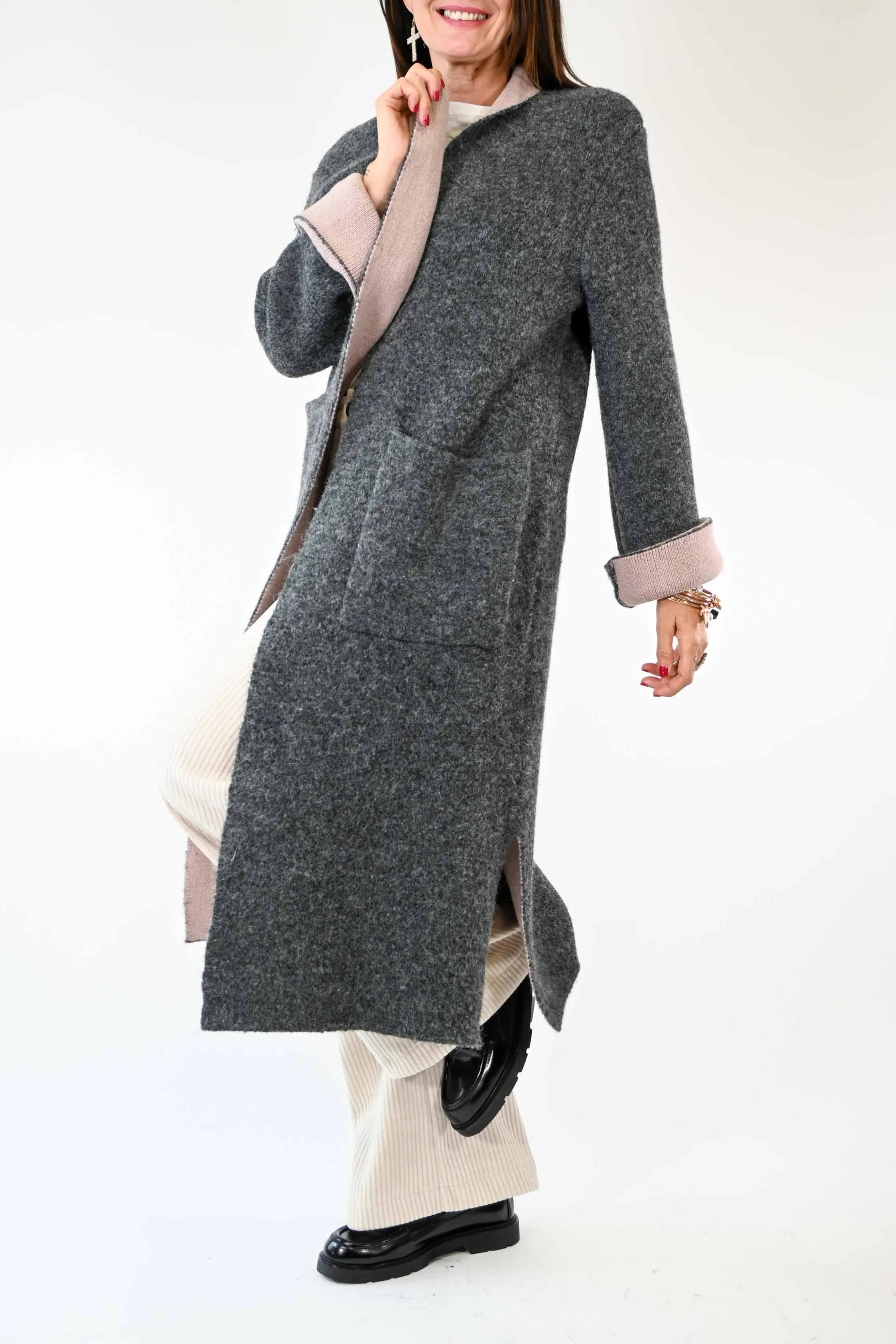 CAPPOTTO LUNGO IN MAGLIA BICOLORE GRIGIO/ROSA