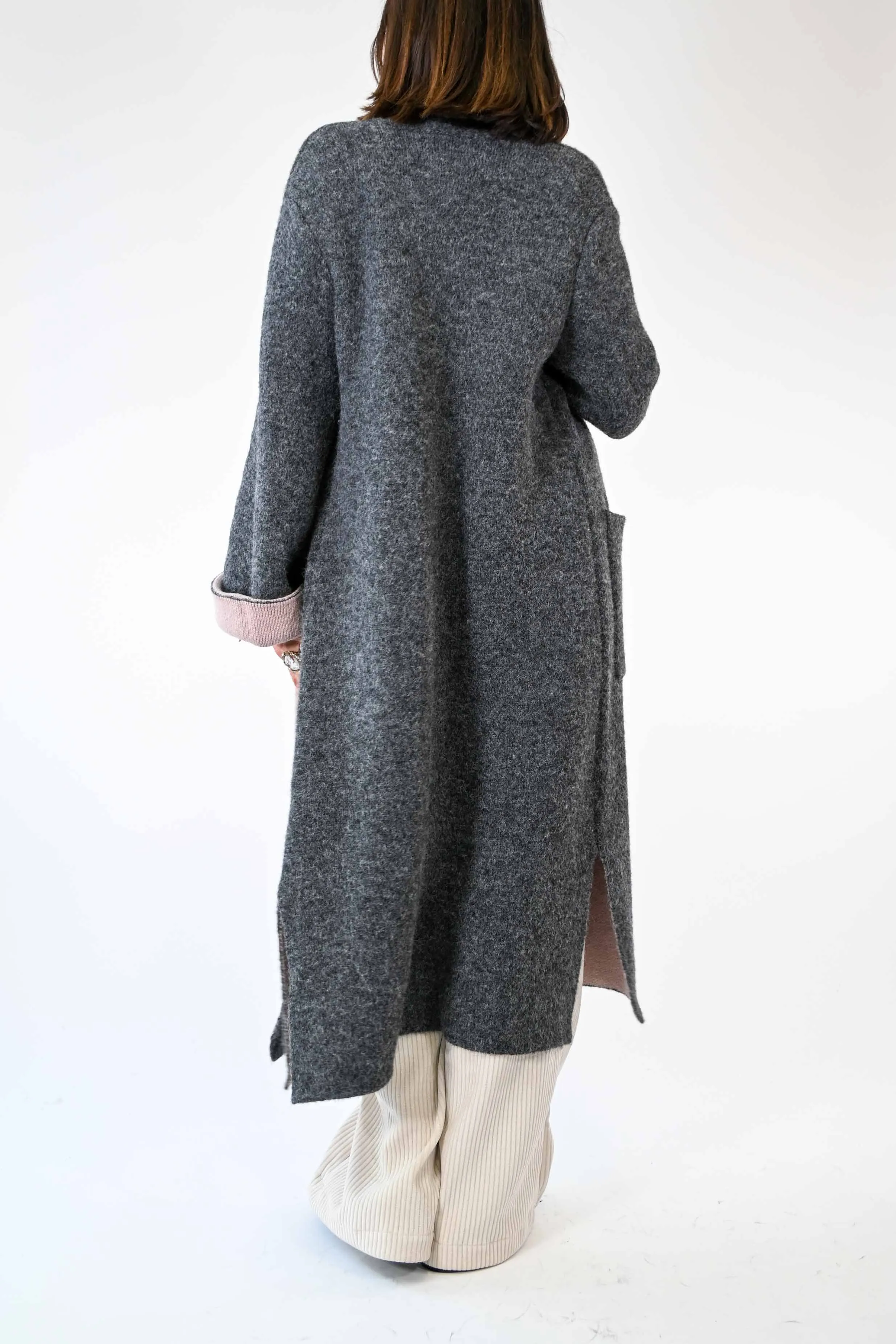 CAPPOTTO LUNGO IN MAGLIA BICOLORE GRIGIO/ROSA