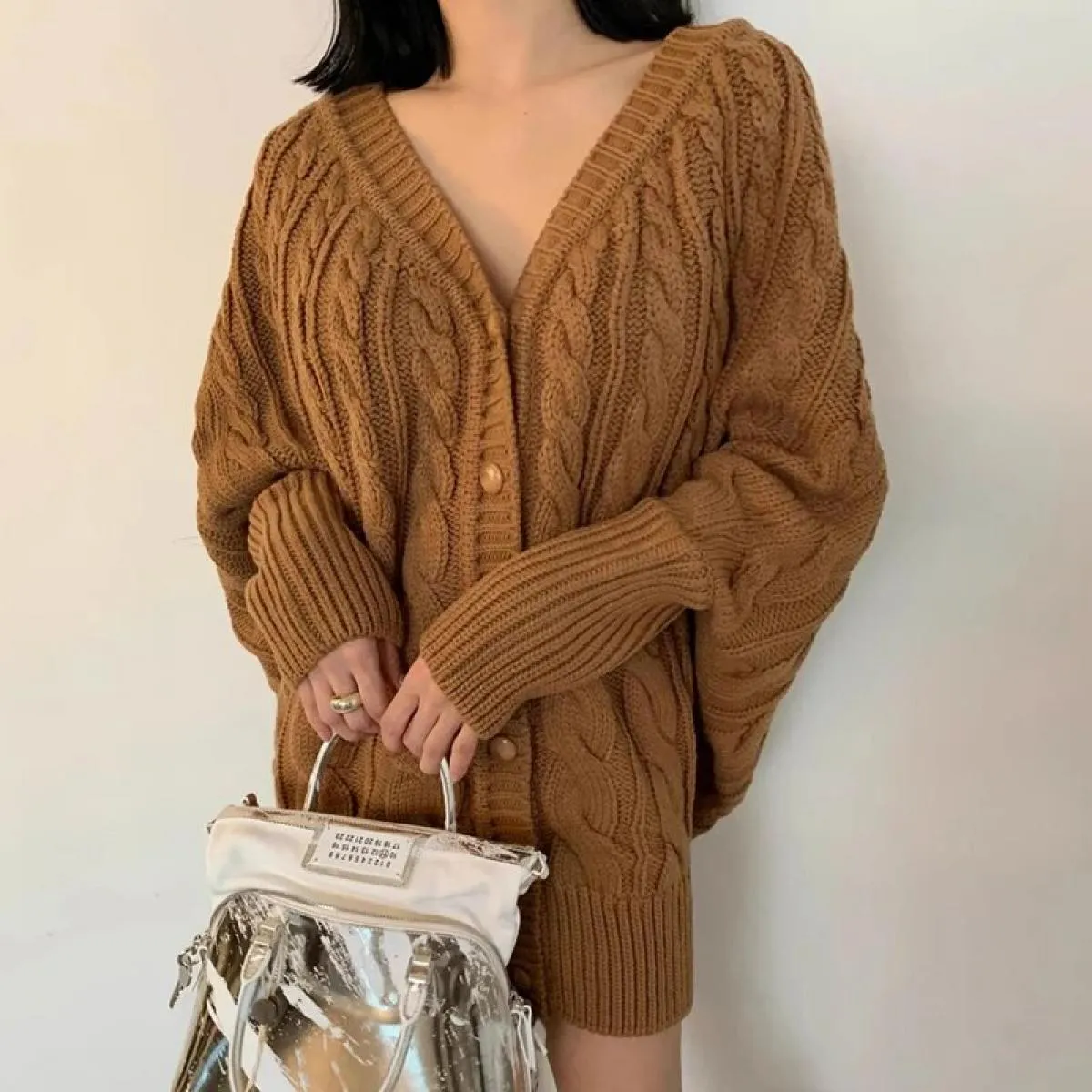 Chic autunno inverno vintage scollo a V monopetto modello sciolto maglione maglione cardigan cappotto da donna