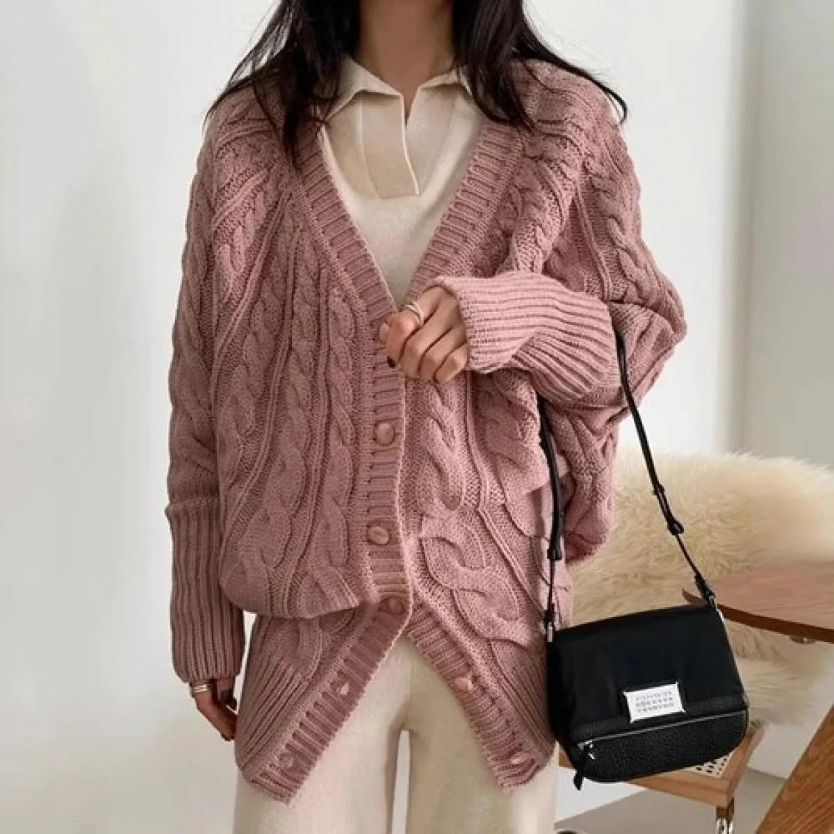 Chic autunno inverno vintage scollo a V monopetto modello sciolto maglione maglione cardigan cappotto da donna
