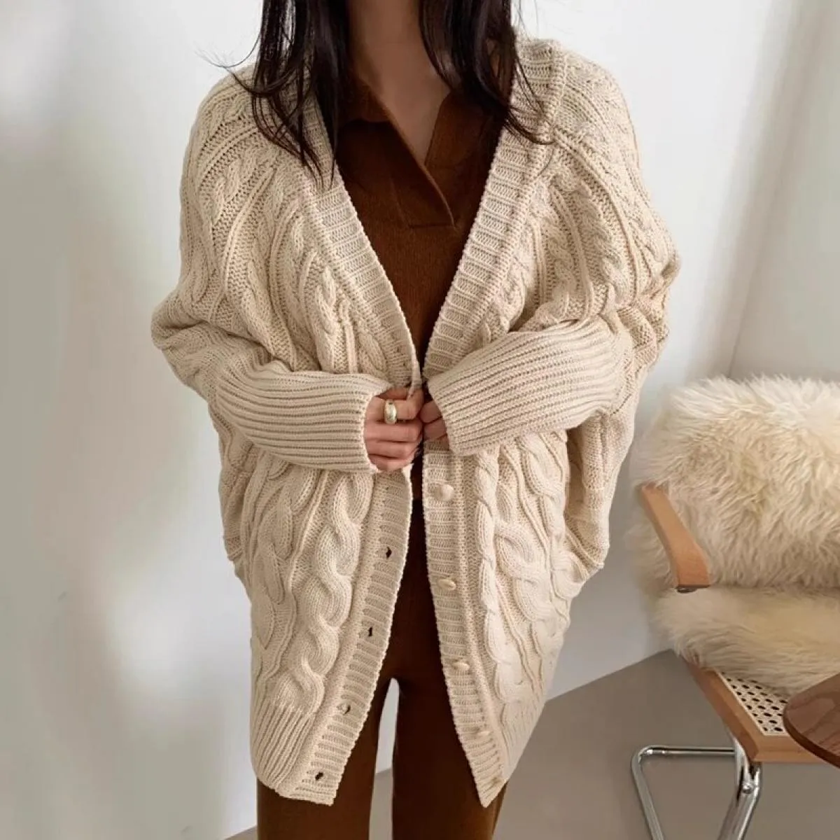 Chic autunno inverno vintage scollo a V monopetto modello sciolto maglione maglione cardigan cappotto da donna