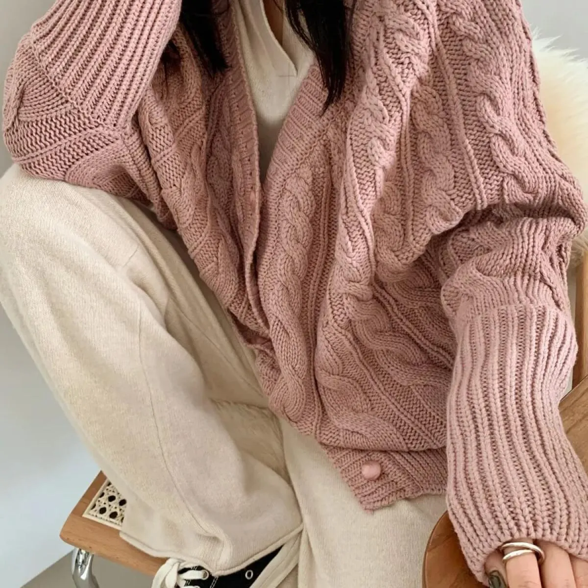 Chic autunno inverno vintage scollo a V monopetto modello sciolto maglione maglione cardigan cappotto da donna