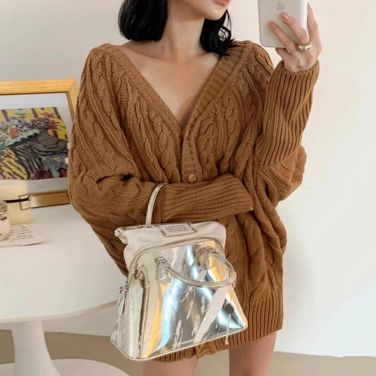 Chic autunno inverno vintage scollo a V monopetto modello sciolto maglione maglione cardigan cappotto da donna