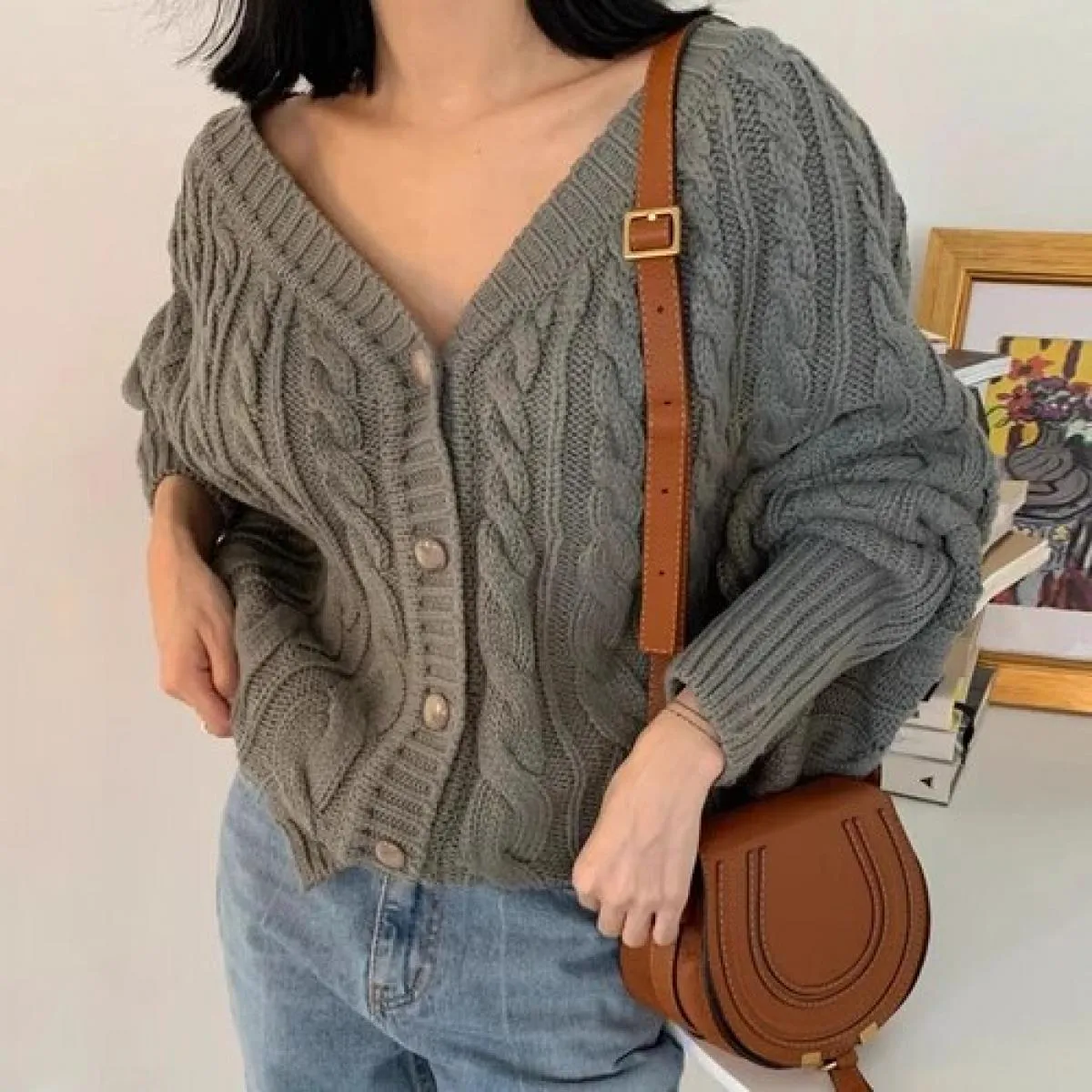 Chic autunno inverno vintage scollo a V monopetto modello sciolto maglione maglione cardigan cappotto da donna