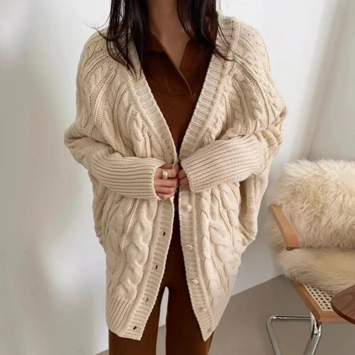 Chic autunno inverno vintage scollo a V monopetto modello sciolto maglione maglione cardigan cappotto da donna