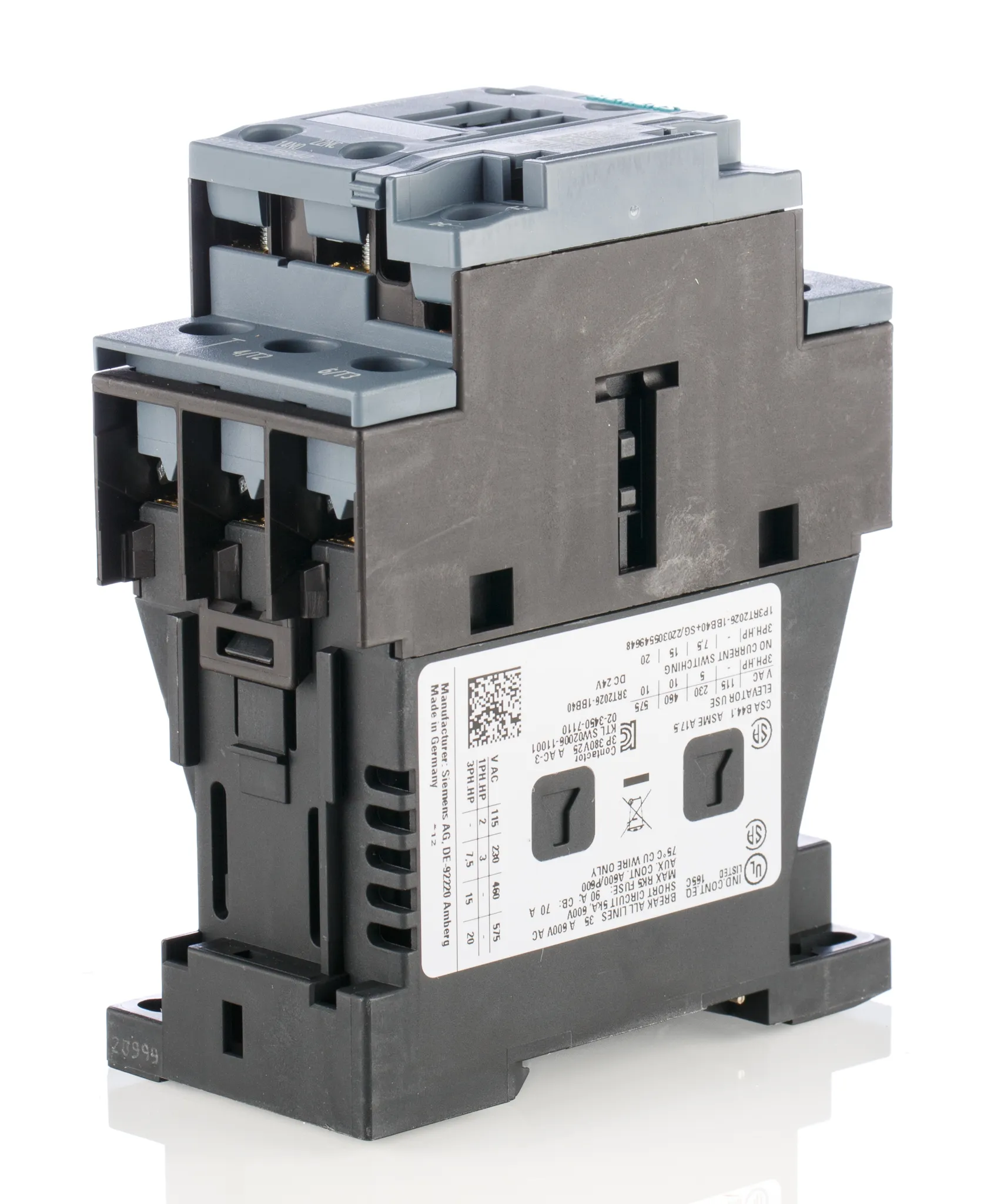 Contattore Siemens, serie Size S0, 3RT2, 3 poli, 3NO, 25 A, 11 kW, bobina 24 V dc