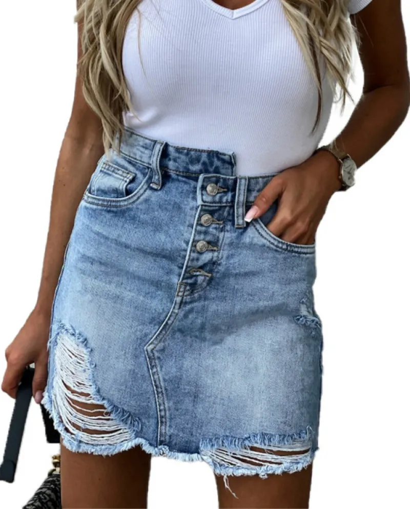 Donne Denim Minigonne Estate Moda Vita Alta Gonna Sfilacciata Packa