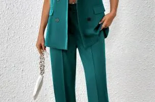 Elegante completo giacca senza maniche e pantaloni, blu